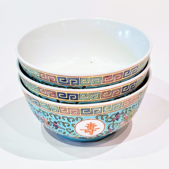Vtg Turquoise Mun Shou Porcelain 4.5" Rice bowls. - Picture 6 of 7